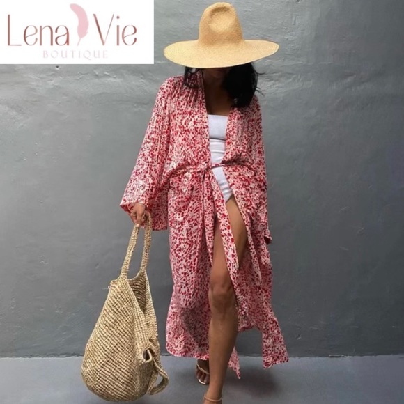 Palie Pink Leopard Long Cotton Kimono Duster, Leopard Beach Maxi Coverup, S-3X - Picture 9 of 10